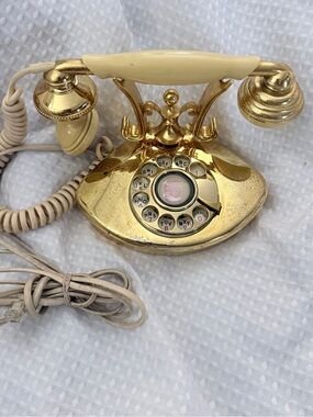 Vintage Cutie Gold Tone Rotary Dial Landline Phone Retro French Cradle Style